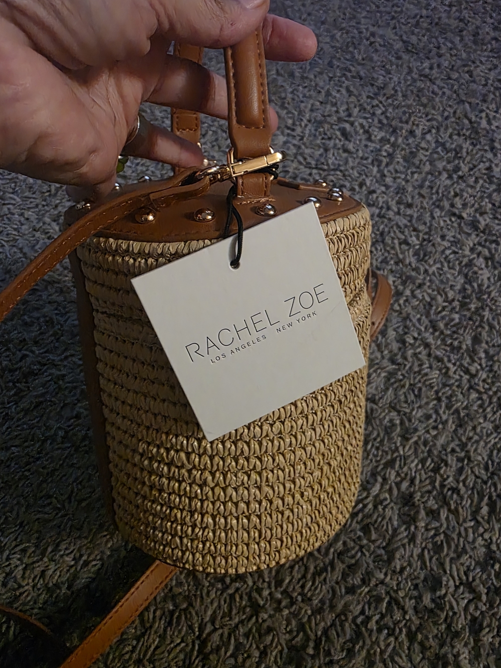 Rachel Zoe Tan Woven Bucket Crossbody with Leather Trim - Picture 2 of 6